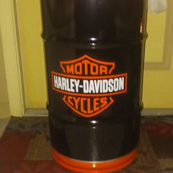 Heavy Duty, Solid Steel, Authentic Harley-Davidson Trash Can With Round Glass Top So It Can Be Used As A Lamp Table Or End Table