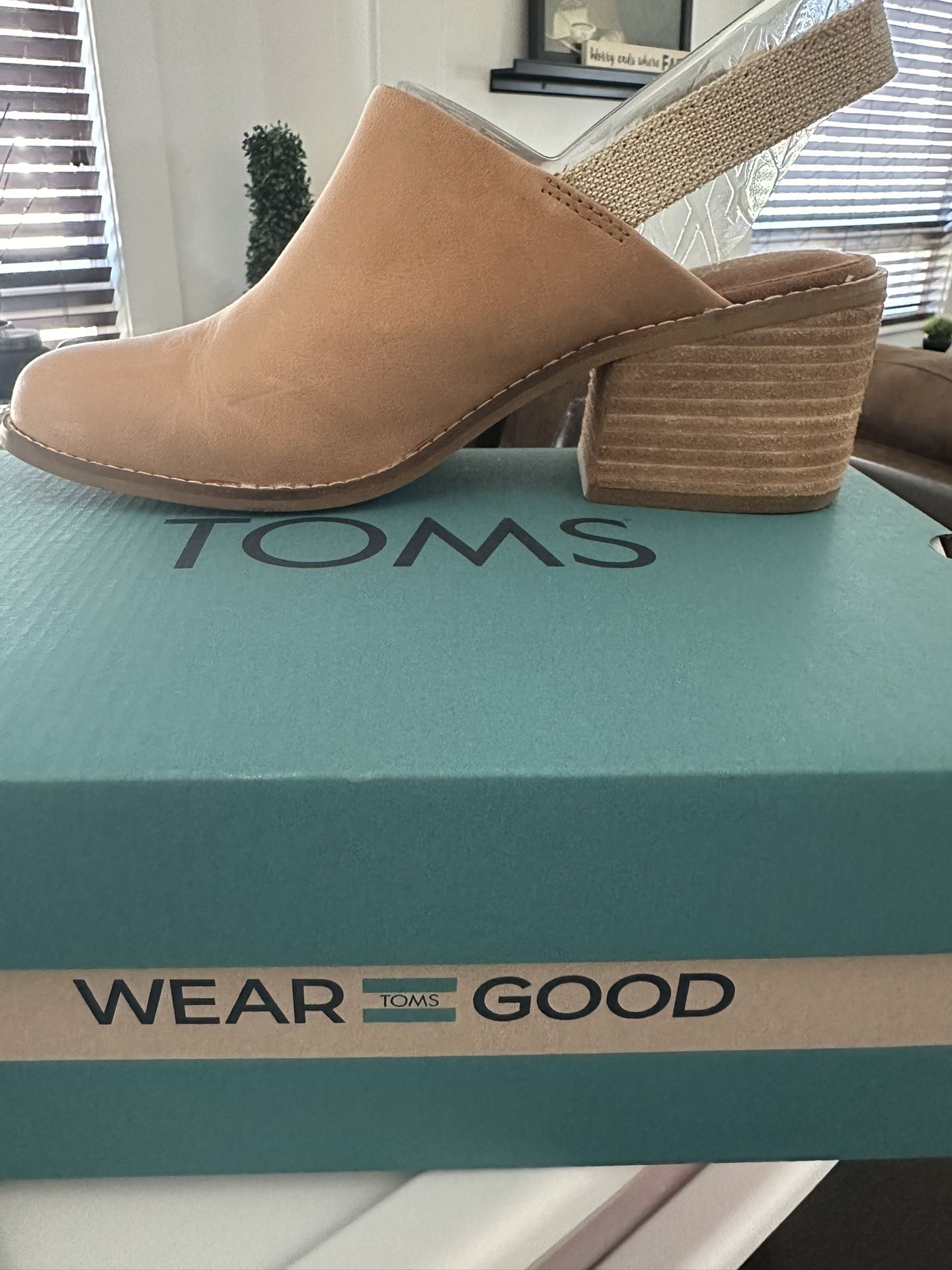 TOMS Block Slingback Heels in Tan Suede