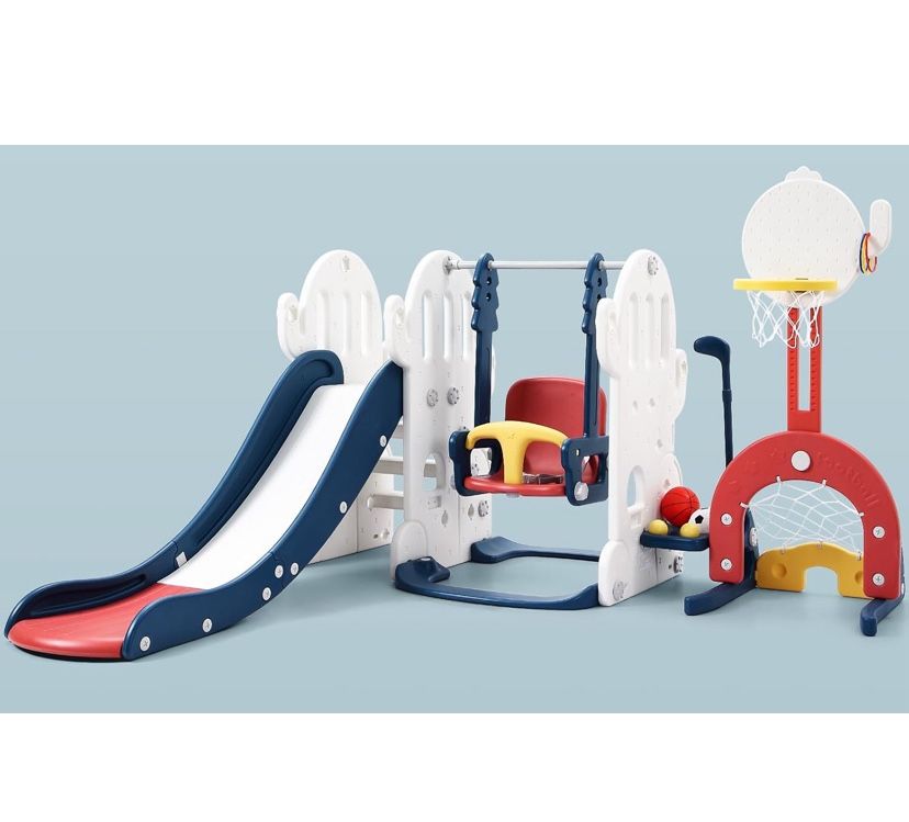 The 7 In 1 Toddler Slide and Swing Set is a fun and interactive playset designed specifically for toddlers. This freestanding kids slide features a la