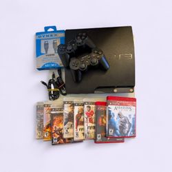 Sony PS3 Slim BUNDLE -120Gb Cech-2001a +2 Dualshock Remotes+ 8 Games + Cords Tested Works