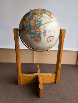 Vintage Replogle World Classic Floor Globe Oak Wood Stand Brass Meridian Vintage