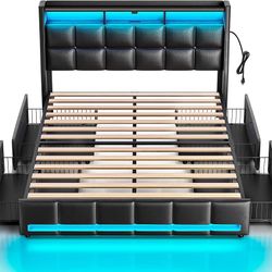 Y24-Full Size Bed Frame with LED Lights and Charging Station, PU Leather Bed Storage Headboard & Drawers, Heavy Duty Wood Slats, Easy Assembly, Black