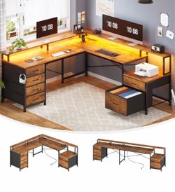 108" Corner Computer Desk with 6 Drawer with Monitor Shelf, Two Person, Gaming Desk with Led Lights, Black