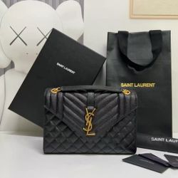 YSL Envelope Black Grained Leather Crossbody Bag - Bronze Hardware, Magnetic Closure, Full Set (Box, Receipt)