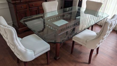 Elegant Glass-Top Dining Table with Carved Wood Base with 4 chairs