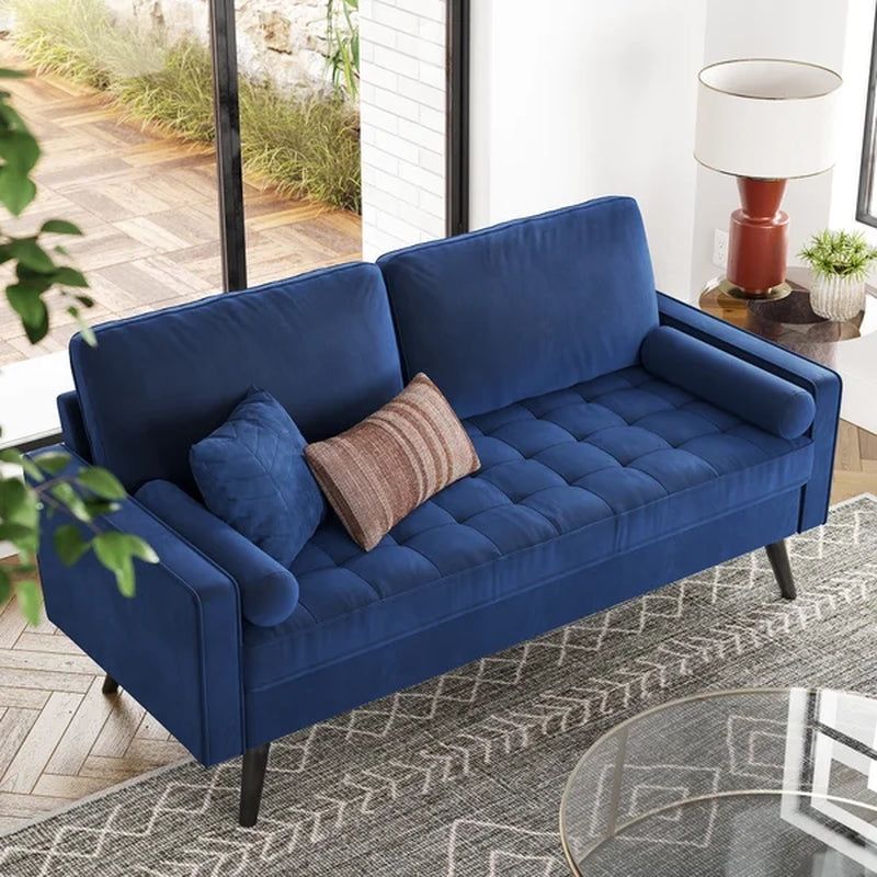 Brand New Mid-Century Modern Velvet Sofa with Throw Pillows, Color, Navy Blue