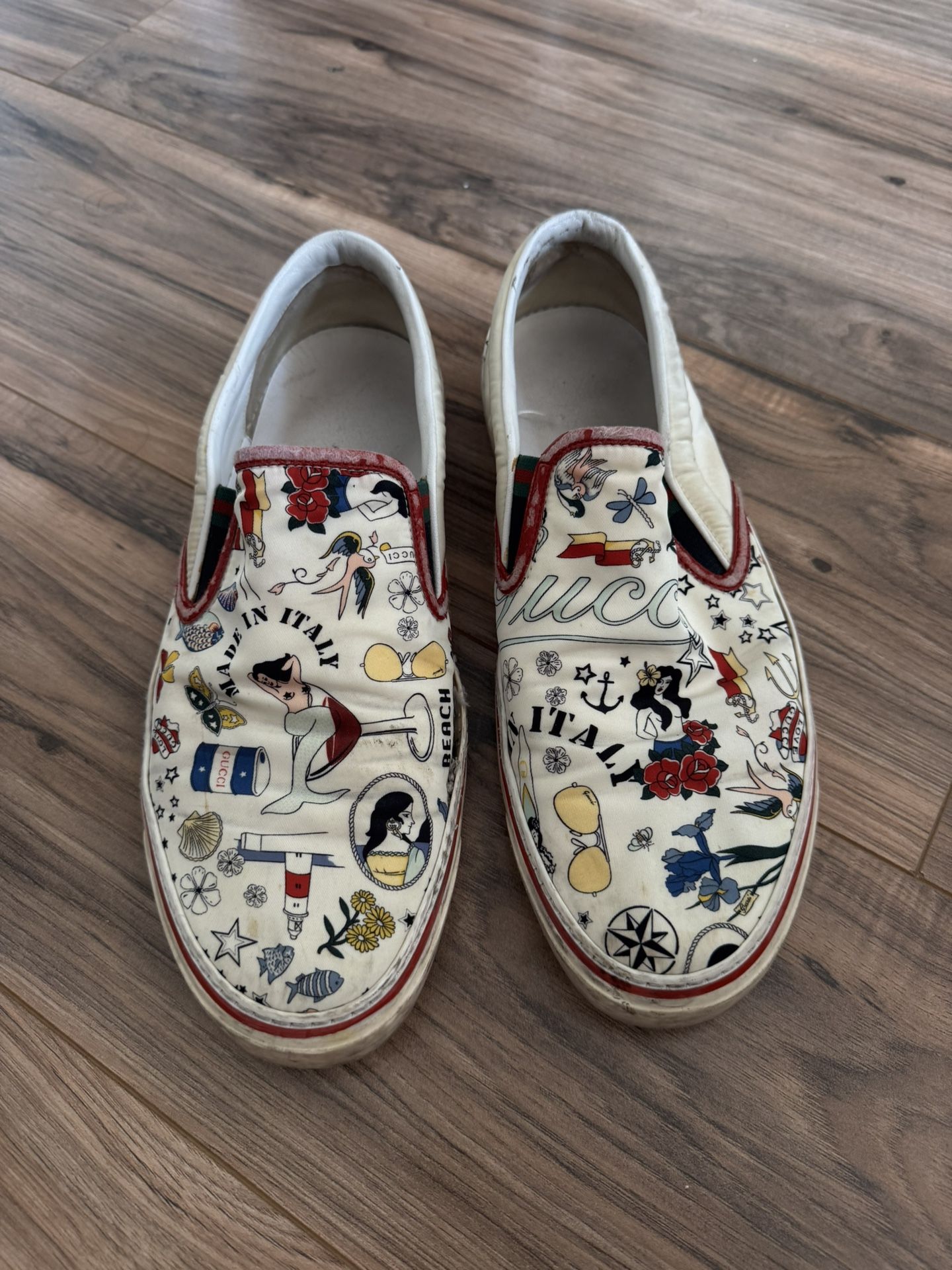 Gucci Tattoo-Print Slip-On Sneakers – Size 10.5 – Made in Italy