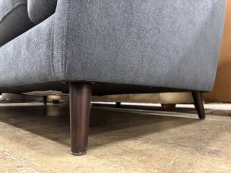 Modern Denim Blue Track Arm Low Back Sofa with Dark Finished Wooden Legs and Cushioned Sides