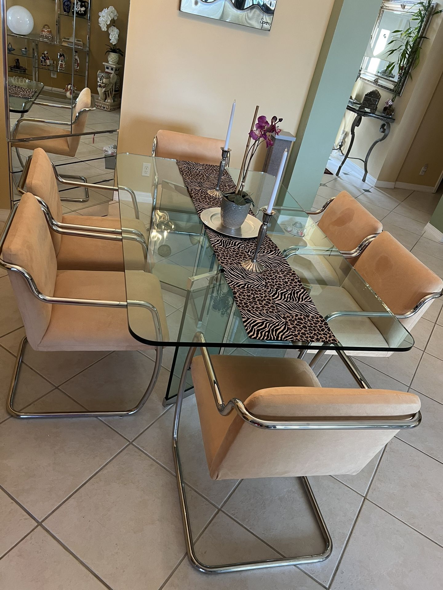 Designer Glass & Chrome Dining Table & Stainless Steel Chairs