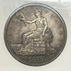 1876  Trade Dollar In Vintage Soapbox Holder