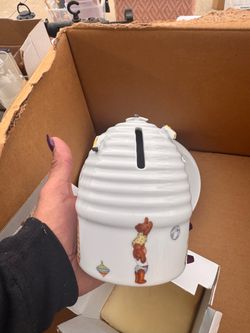 Ceramic Beehive Coin Bank with Bear Design