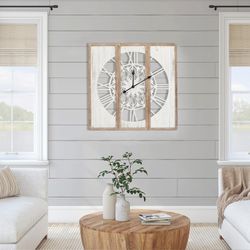 RiteSune Unique 30" Wall Clock for Living Room Decor, Oversized Farmhouse Wall Clock Battery Operated, Triptych Panel Wooden Large Clock Wall Art for 
