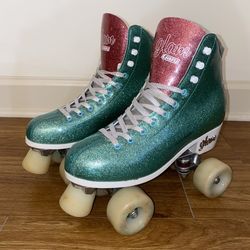 Crazy Skates Disco Glam Glitter Teal Quad Roller Skates US Women 8.5 EU 40