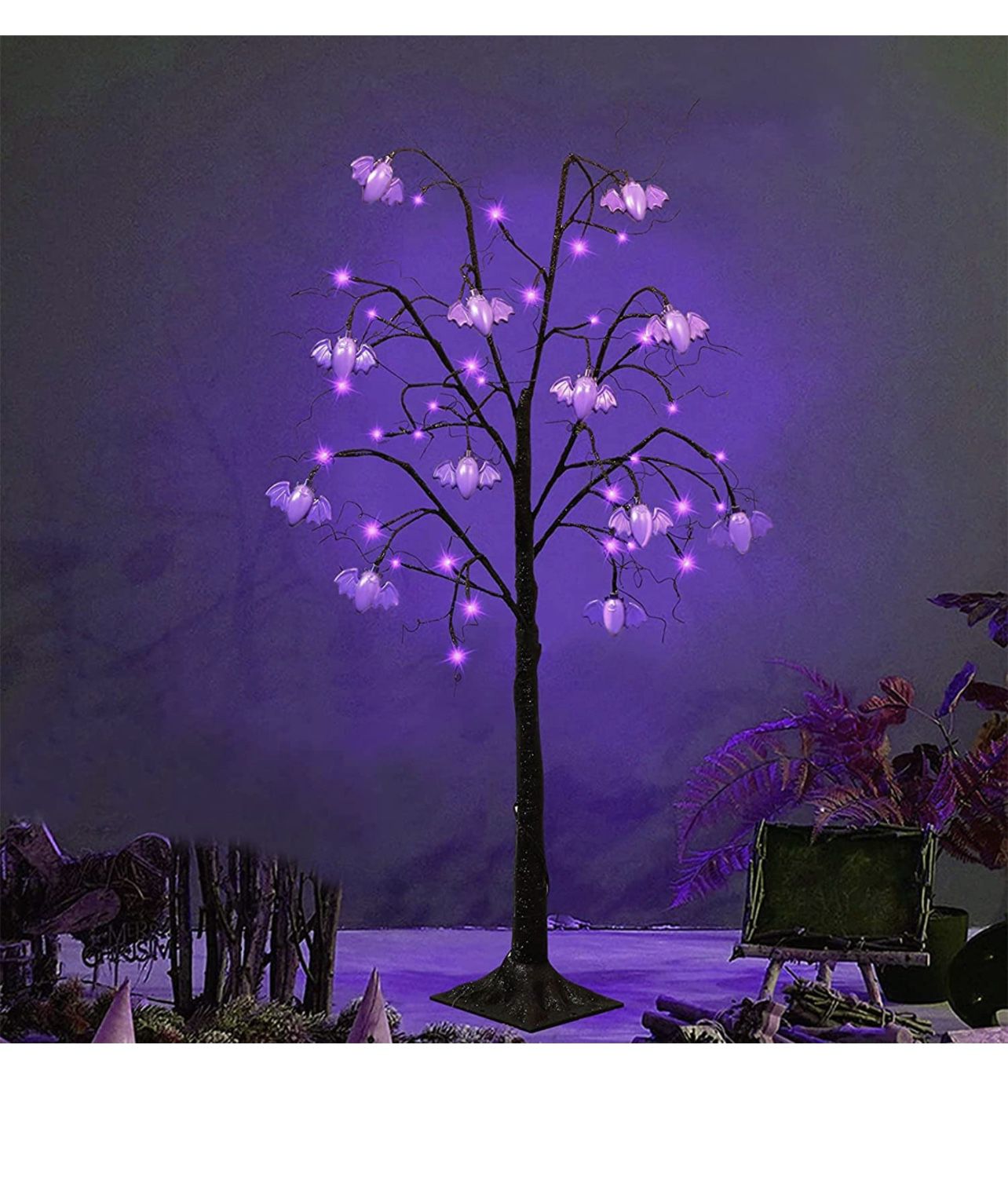 Twinkle Star Halloween Tree, 4FT Halloween Decoration Black Spooky Tree Glittered with 48 LED Purple Lights and 12 Bats, 24V 3.6W Low Voltage Artifici
