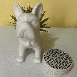 4 Coasters & French BullDog Fake Plant 