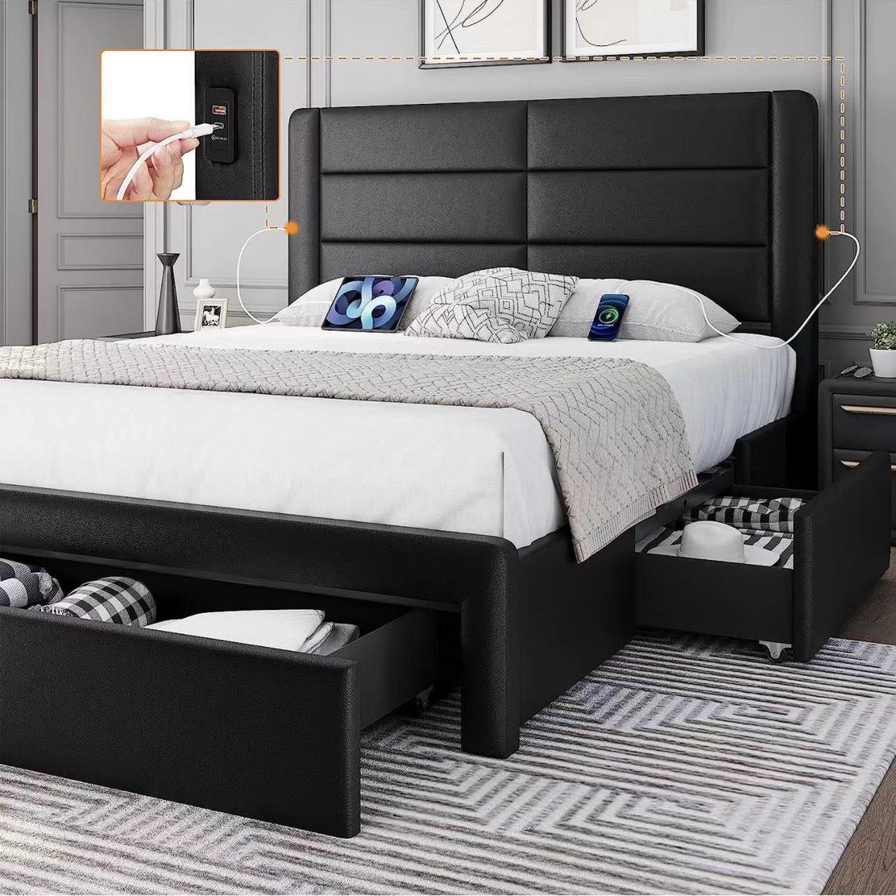 Queen Size Bed Frame with 2 USB Charging Station/Port for Type A&Type C/3 Storage Drawers, Leather Upholstered Platform Bed with Headboard/Solid Wood 