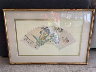 ” April Blossoms & Iris” Vintage Bamboo Framed Chinese Floral Fan Leaf Painting by Chang