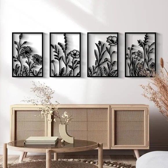 New 4 Pcs Black Abstract Flowers Metal Wall Art, Minimalist 3D Floral Sculptures