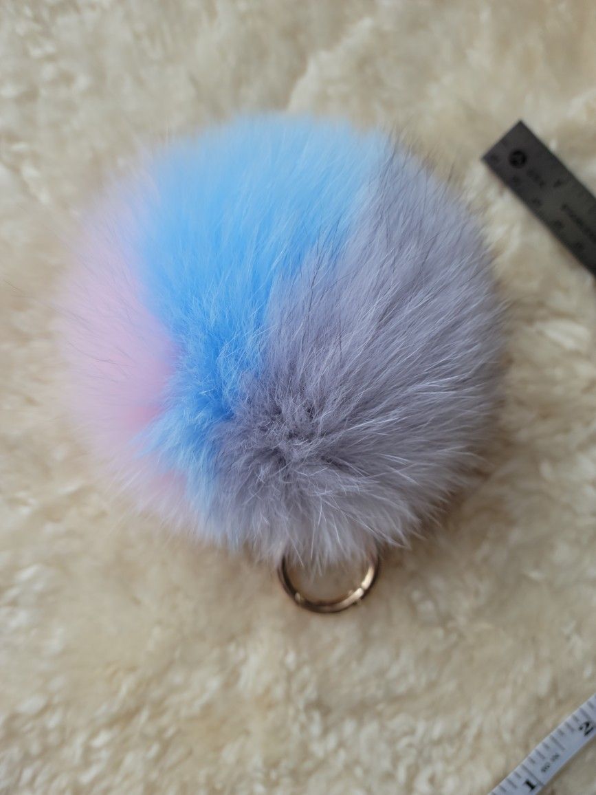 3 Colored 5" Genuine Fox Fur Pom Pom Keychain 