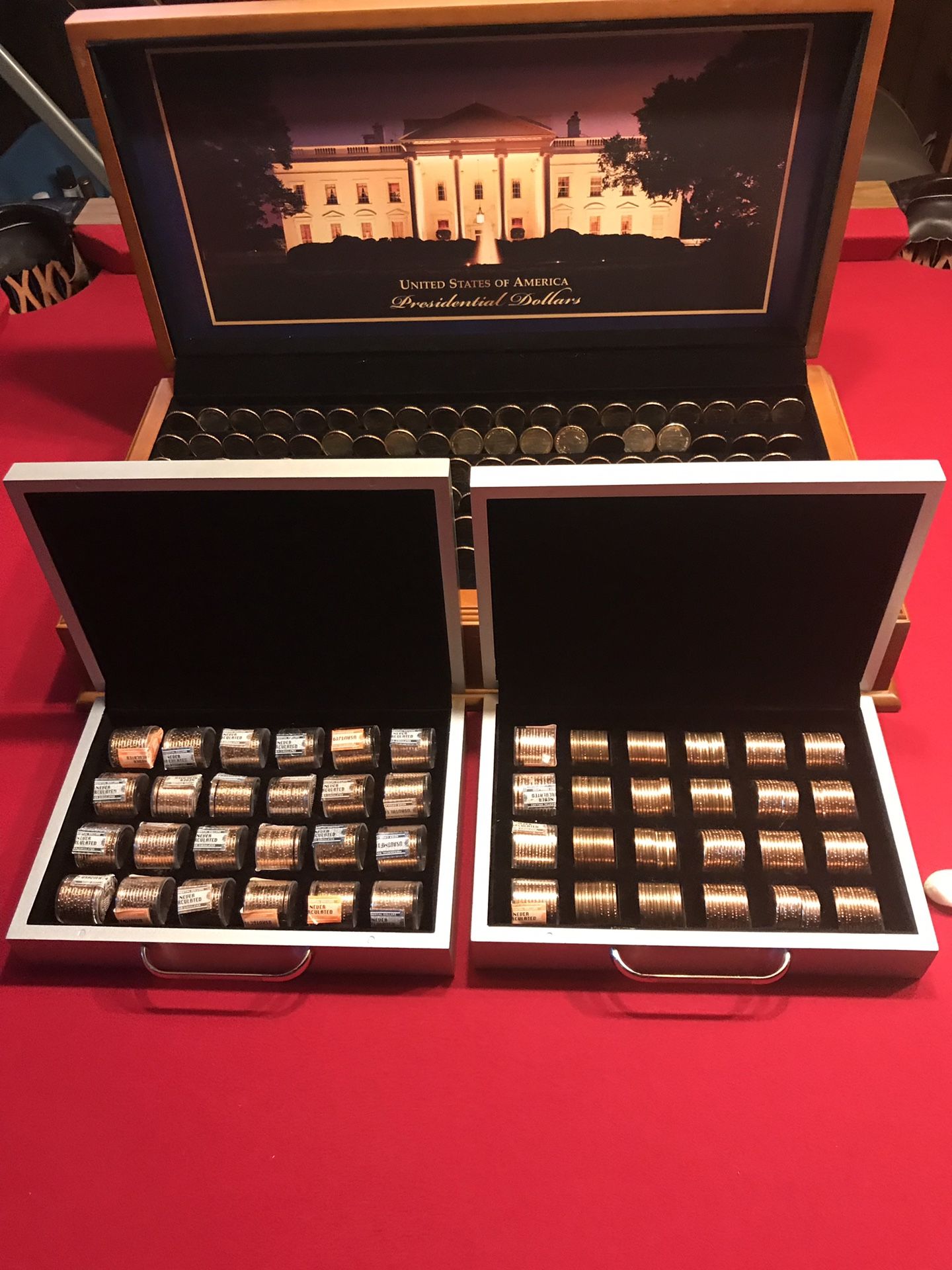 Presidential dollars valued at $2.95 each in today’s market. All in a professional case and in touches by human hands. Shipped from the mint to me.