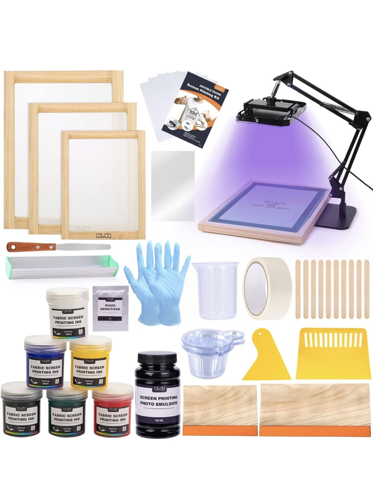Caydo 60 Pieces Screen Printing Kit with 50W LED UV Exposure Screen Printing Light, 6 Color Screen Printing Ink, Screen Printing Photo Emulsion, Emuls