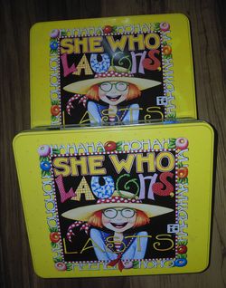 Mary Engelbreit "She Who Laughs, Lasts" Hinged Metal Tin Stationary Set