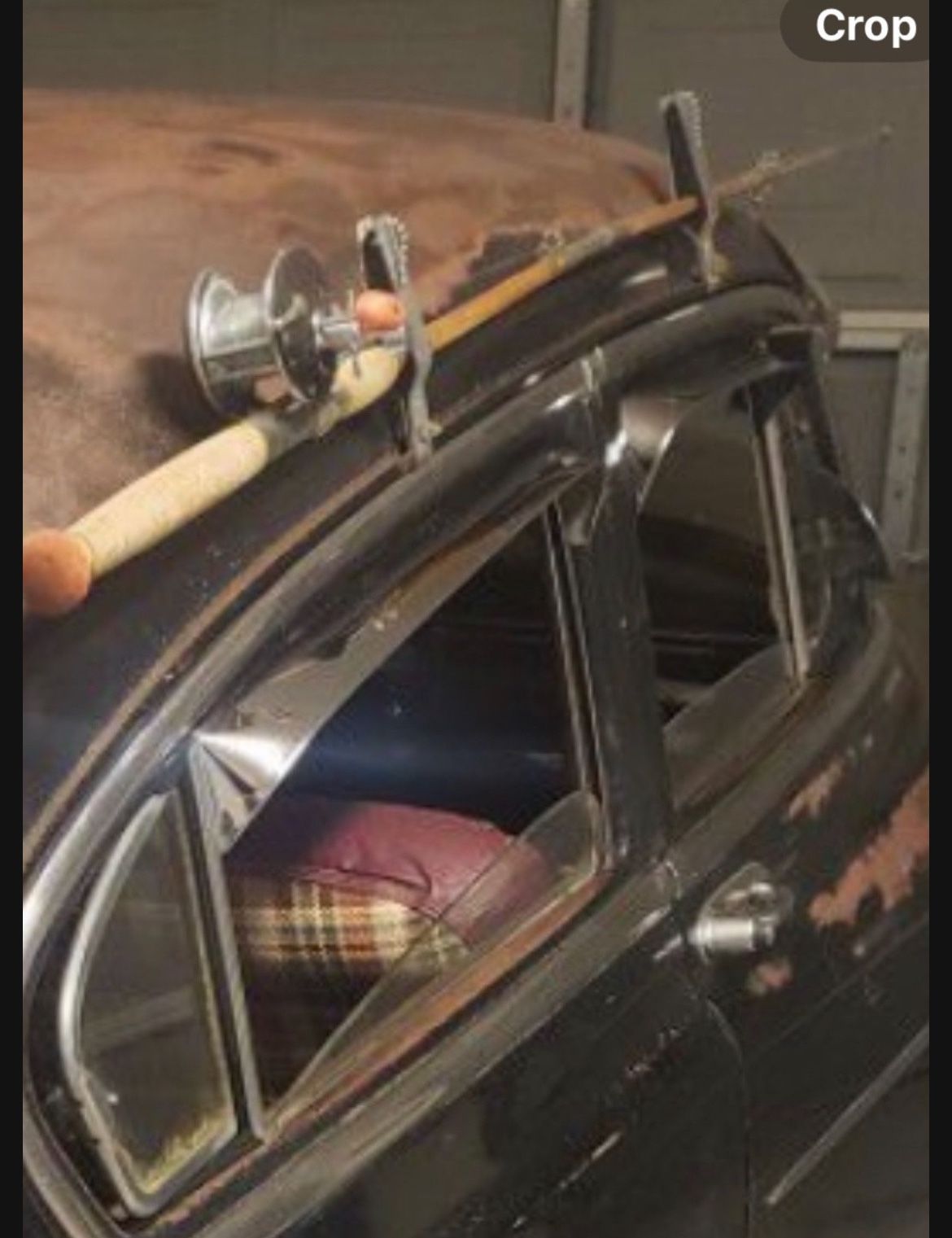 Vintage fishing pole holder for your classic car mounts on side rails. Fishing pole and real included