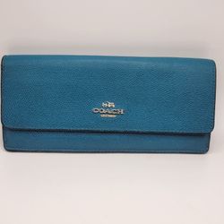 Coach Slim Pebbled Leather Envelope Wallet Teal Blue 8" Long Excellent Condition