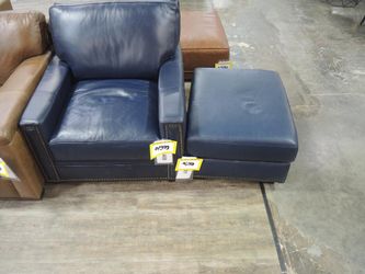 Rocky Mountain Alamosa Navy Blue Leather Nailhead Chair & Ottoman