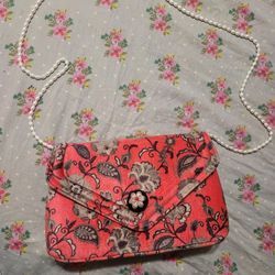 Anthropologie Francesca Coral Sage Floral Pearl Crossbody BOHO Purse Clutch