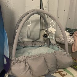 Baby Play Gym Mat, Reversible Tummy Time Mat with 4 Sensory Toys for Stage-Based Developmental, Thick & Large Baby Activity Center from Newborn to Tod