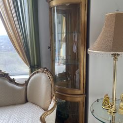 Elegant Gold Gilded Corner Curio Cabinet – Quarter-Circle Curved Glass Display – 68” Tall