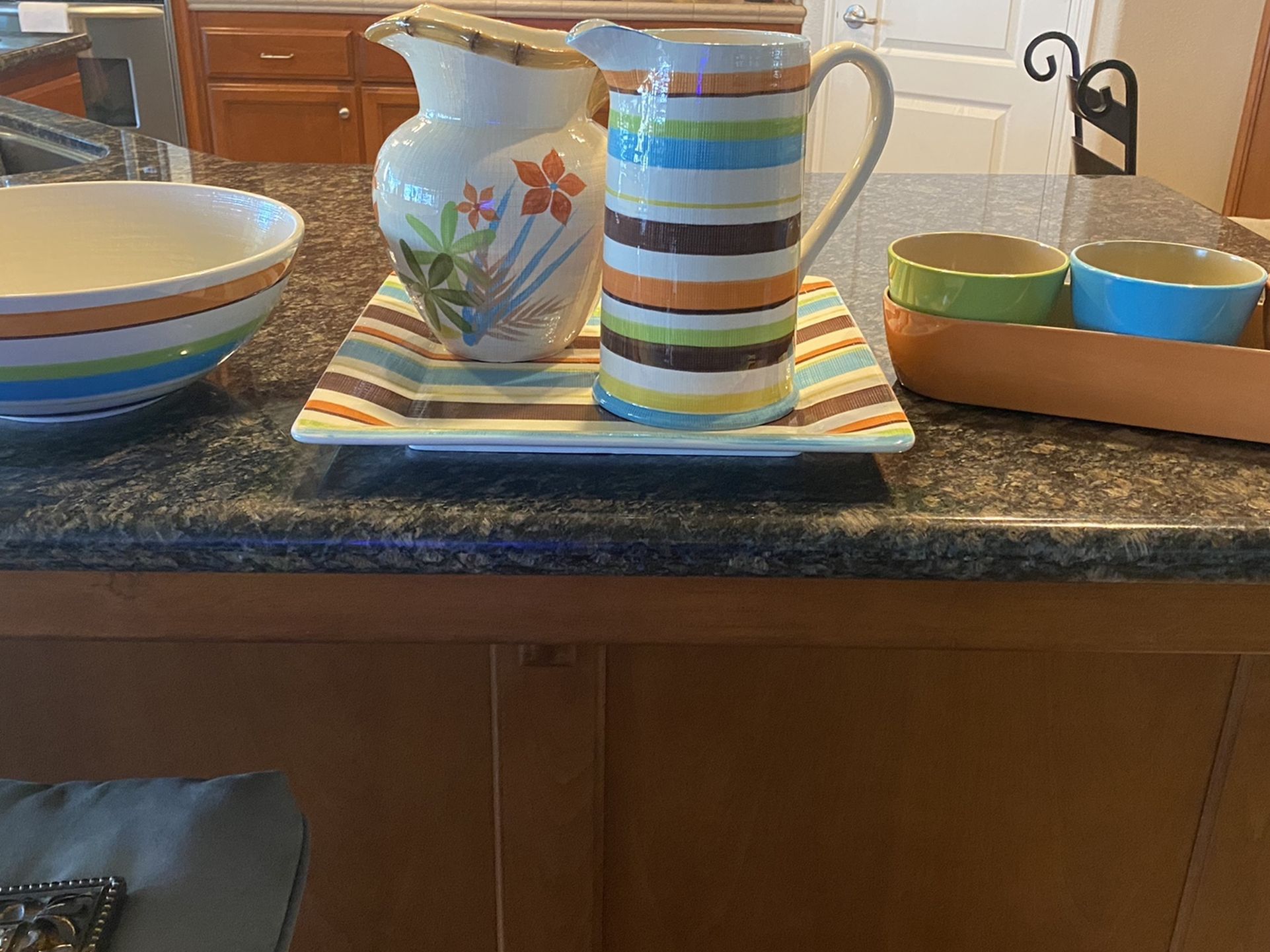 Pitchers, platter, large bowl and 3 piece bowl and chip set