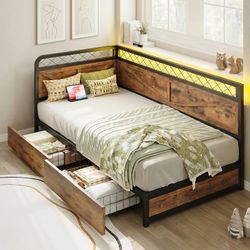 Twin Corner Bed Frame with Storage Drawers, Daybed with LED Lights and Charging Station