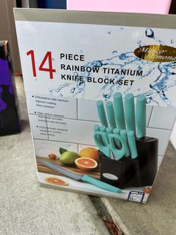 Marco Almond 14-Piece Rainbow Titanium Knife Block Set
