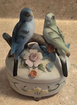 Vintage Lefton White Porcelain Bisque Trinket Jewelry Box  Birds on Branch Floral Flowers