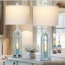 27" Farmhouse Table Lamps for Living Room, Blue Vintage Lamps Set of 2 with USB A+C Charging Ports & AC Outlet, Retro Nightstand Lamp with Fabric Shad