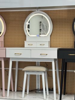 BRAND NEW White Vanity Set, Small Makeup Table w/ Round Mirror LED Lights and Stool