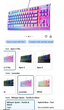SteelSeries Apex 3 TKL RGB Gaming Keyboard - Lavender Tenkeyless Compact Form Factor — 8-Zone RGB Illumination — Water and Dust Resistant — Whisper-Qu