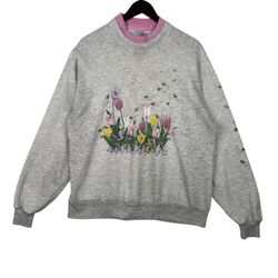 VINTAGE 90s Morning Sun White Floral Crewneck Sweatshirt Womens SZ LARGE 