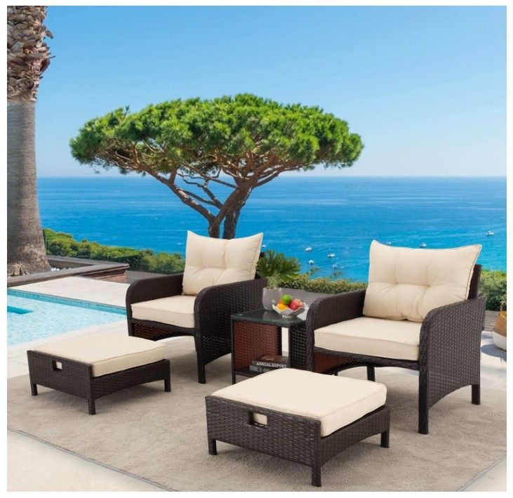 5 Pieces Patio Furniture Set,Outdoor Rattan Chairs with Tempered GlassCoffee Table, Ottomans & Soft CushionsWicker Conversation Bistro Set for Garden