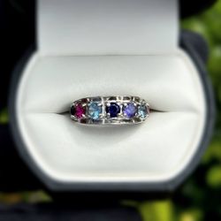 Jewelry 14k solid white gold rose quartz ruby sapphire purpurite cobalt aquamarine 0.40CTW ring sz 7.50