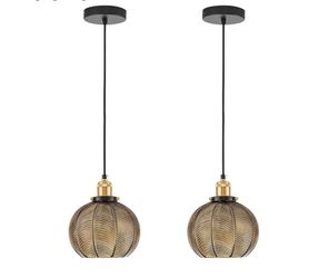 Vintage Amber Ribbed Glass Pendant Lights for Kitchen Island 2 Pack L7.8 Inch Modern Ideal for Dining Room Bedroom Bathroom Hallway Foyer Hand Blown A