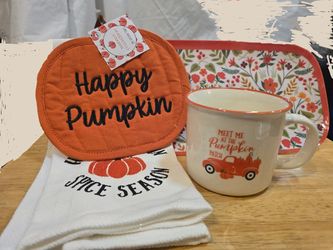 4pc Harvest Mug, Pot Holder,  Kitchen Towel and Serving Tray Set