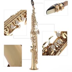 Btuty Brass Straight Soprano Sax Saxophone Bb B Flat Woodwind Instrument Natural Shell Key Carve Pattern with Carrying Case Gloves Cleaning Cloth Stra