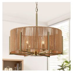 Candelabro de ratán tejido a mano de 6 luces, candelabro bohemio de granja de 19.7 pulgadas, lámpara de techo de mimbre rústico ajustable para comedor