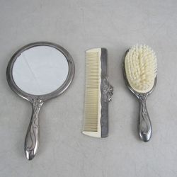 Vtg Victorian Silver Plated Comb Brush Mirror 3 Piece Vanity Set


