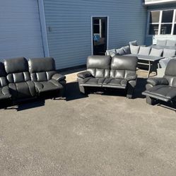 FREE DELIVERY AND INSTALLATION - Gray Leather Manual Recliner 3 pices (Sofa Love Seat and Chair)