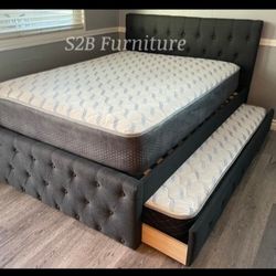 Full Twin Gray Trundle Bed With Orthopedic Mattress 