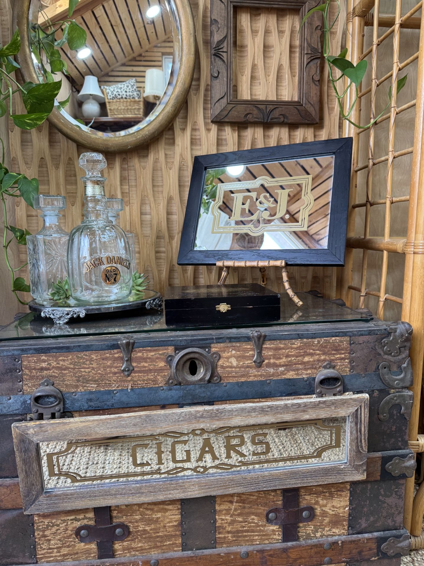 Vintage E&J Liquor Bar Sign Mirror Black Gold Framed Man Cave Lounge Decor Den Alcohol Monogram
